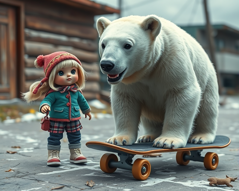 polar bear, skateboard, doll